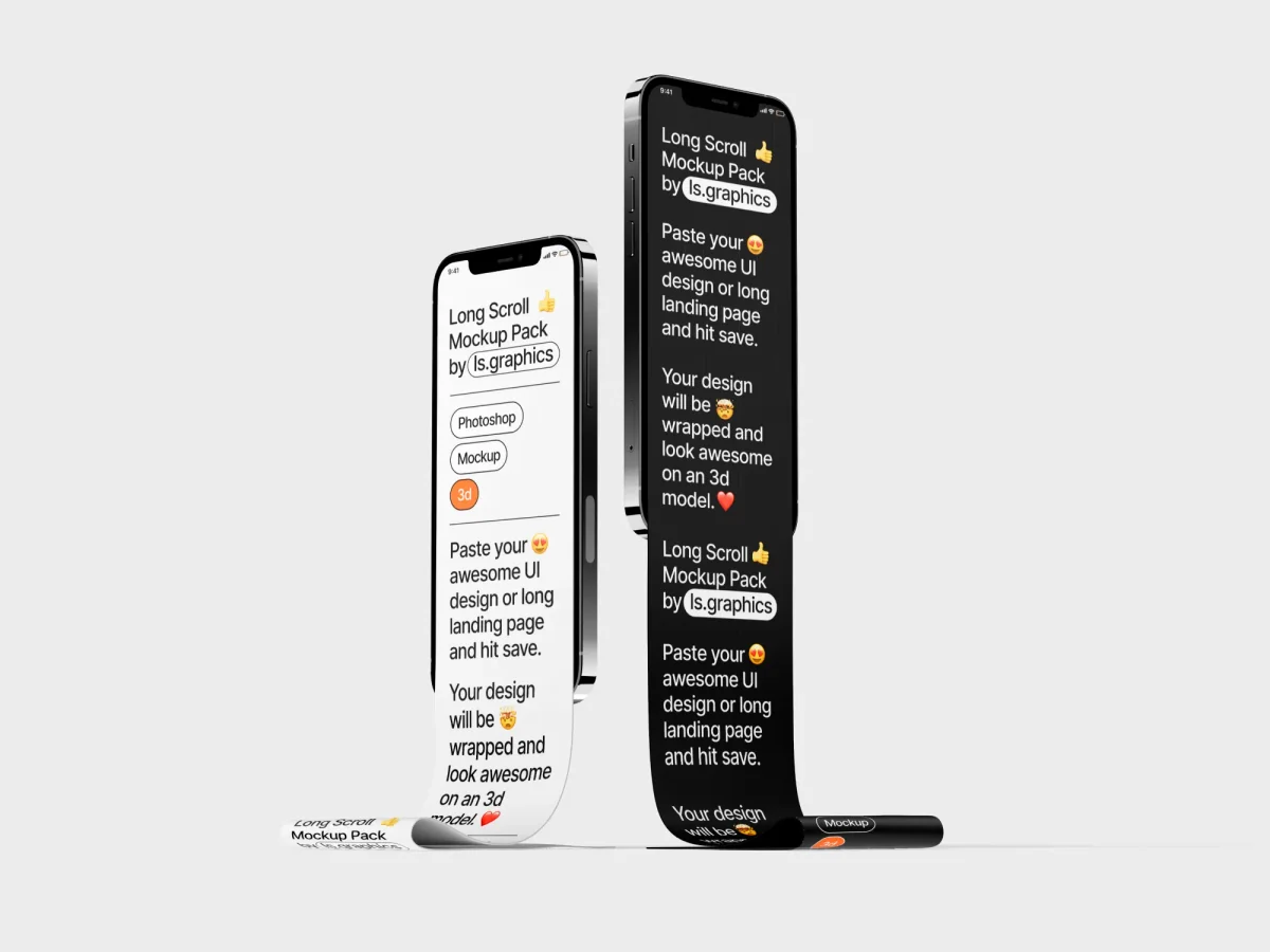 Two digital devices showing long scroll mockups, one standing and one flat, highlighting flexible, creative content presentation.
