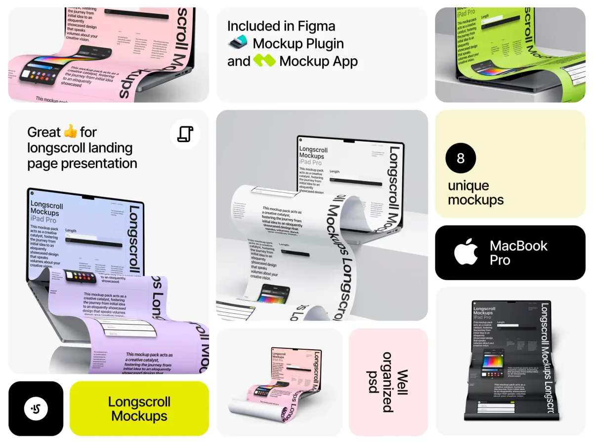 Collage of MacBook 16 Pro long scroll mockups featuring 8 unique designs, compatibility with Figma, and ideal for long-scroll landing page presentations.