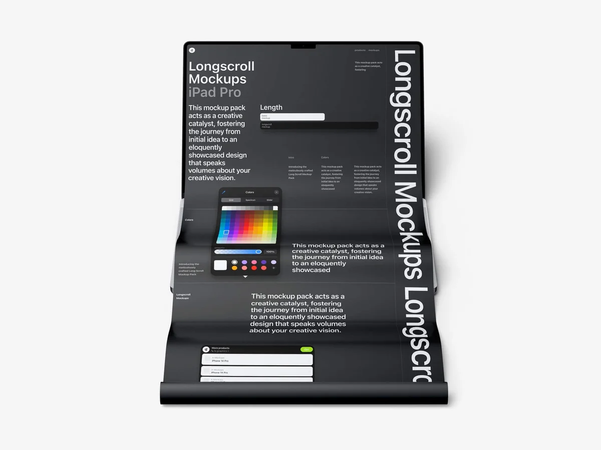 Black-themed long scroll mockup displayed on a MacBook 16 Pro, featuring a vibrant color palette tool and lengthy design elements for UI/UX showcases.