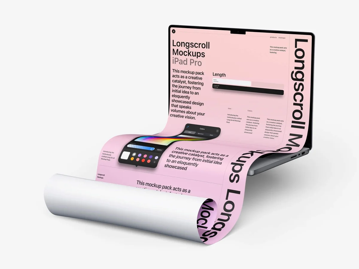 Pink-themed long scroll mockup displayed on a MacBook 16 Pro, featuring a color palette tool and clean design for landing page presentations.