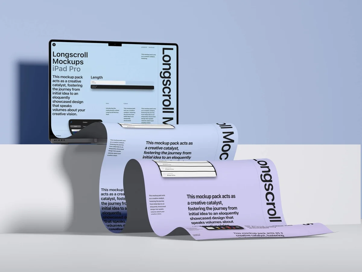 MacBook 16 Pro mockup displaying a blue-themed long scroll design for landing pages, showcasing an iPad Pro screen with continuous content flow.