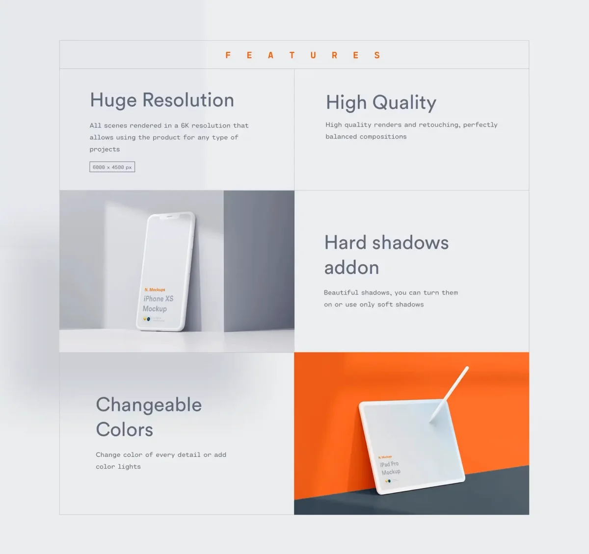 A grid showcasing mockup features including high resolution, high quality, hard shadows addon, and changeable colors, alongside mockups of an iPhone XS and iPad Pro.