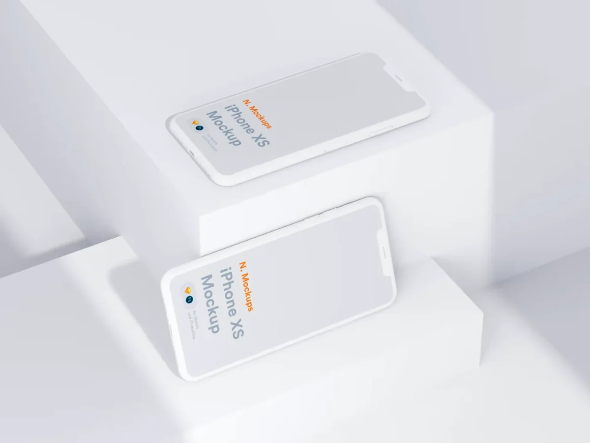 Two iPhone XS mockups positioned on white geometric blocks, displaying "N. Mockups iPhone XS Mockup" on the screens.