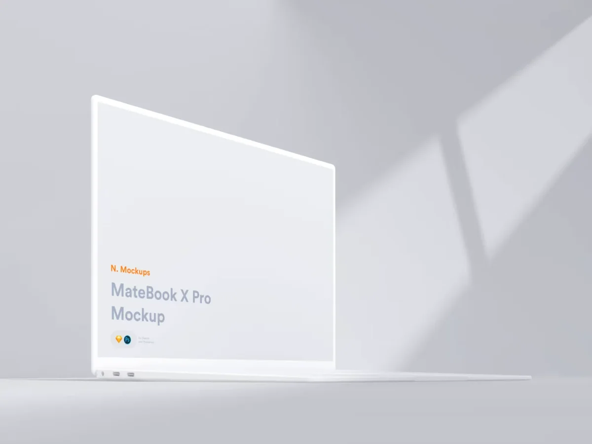 A white MacBook mockup placed upright on a white surface with a matching mouse beside it, displaying "N. Mockups Macbook Mockup.”