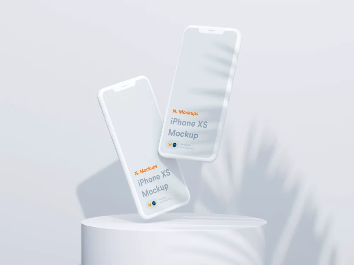 Two iPhone XS mockups floating above a white cylindrical stand, showing "N. Mockups iPhone XS Mockup" on the screens.