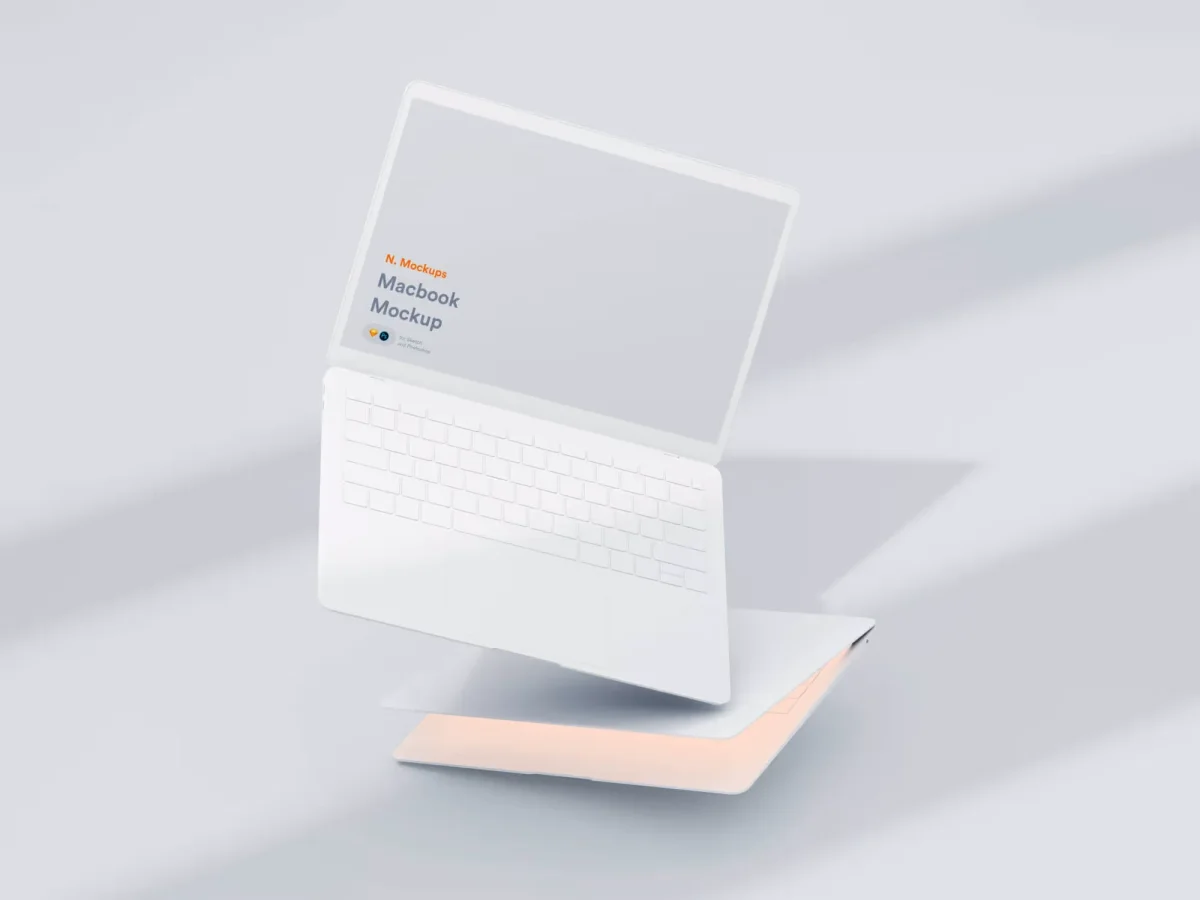 A floating white MacBook mockup with its screen slightly open, displaying "N. Mockups Macbook Mockup" on the screen.