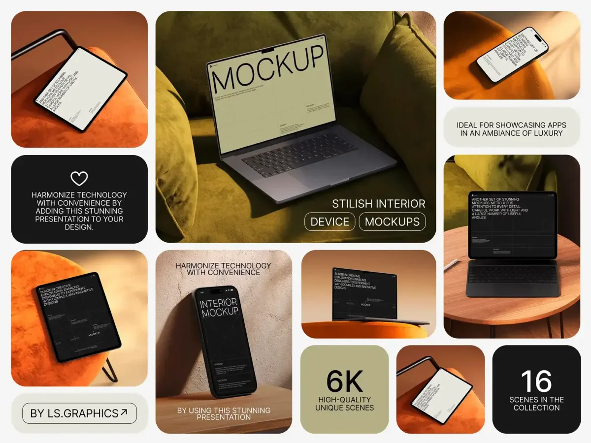 A collage of various mockups featuring devices such as MacBook, iPad, and iPhone, all showcasing a minimalist user interface with text, arranged in luxurious interior settings.