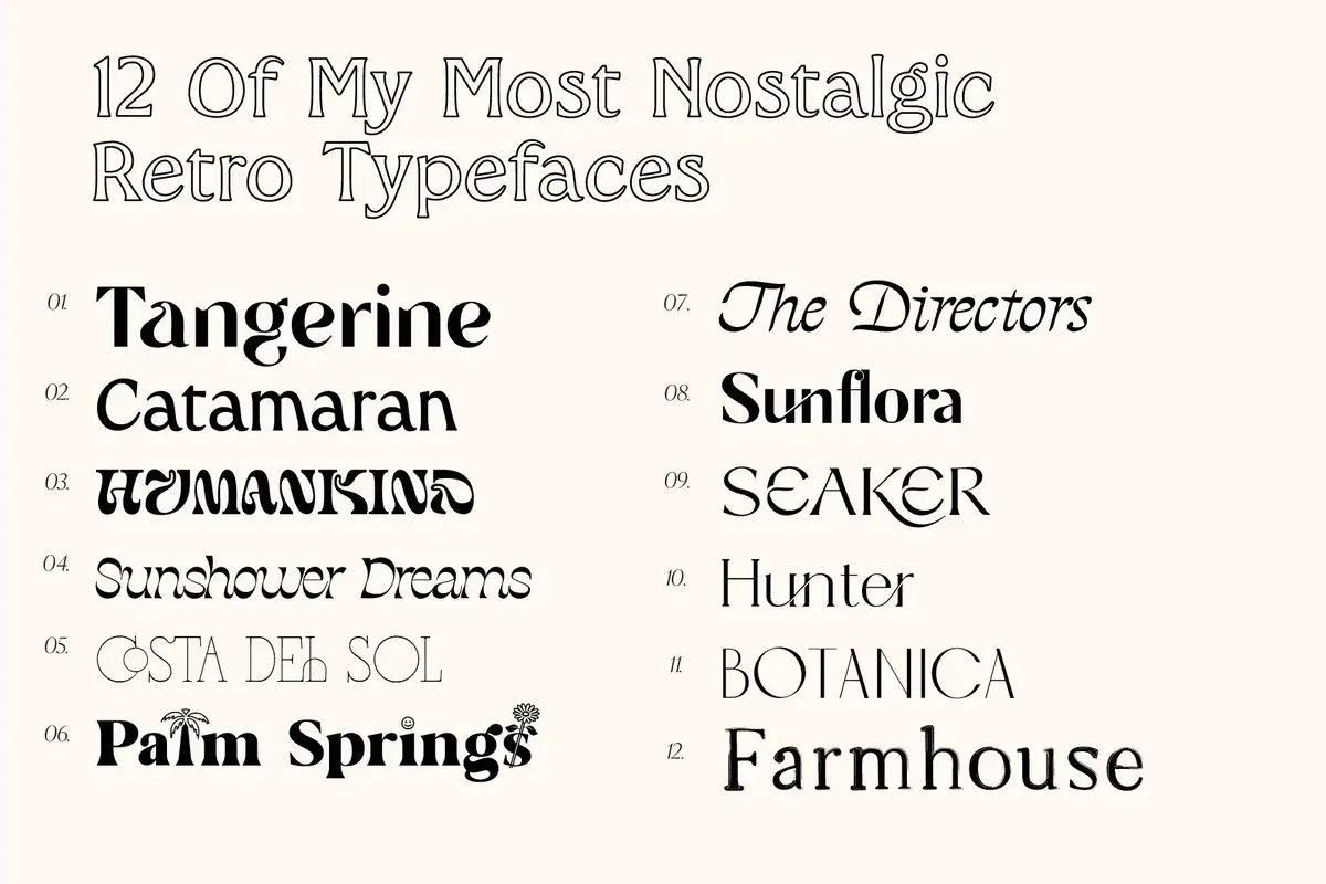 A list of 12 retro fonts including Tangerine, Humankind, Sunshower Dreams, Palm Springs, and Botanica, showcasing nostalgic typography with varying font styles and personalities.