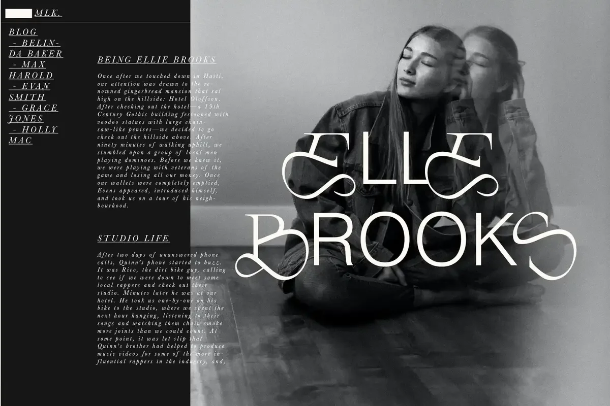 Bold serif typeface in the words "Ellie Brooks" superimposed over a black-and-white portrait of a woman, creating a minimalist aesthetic with reflective elements.
