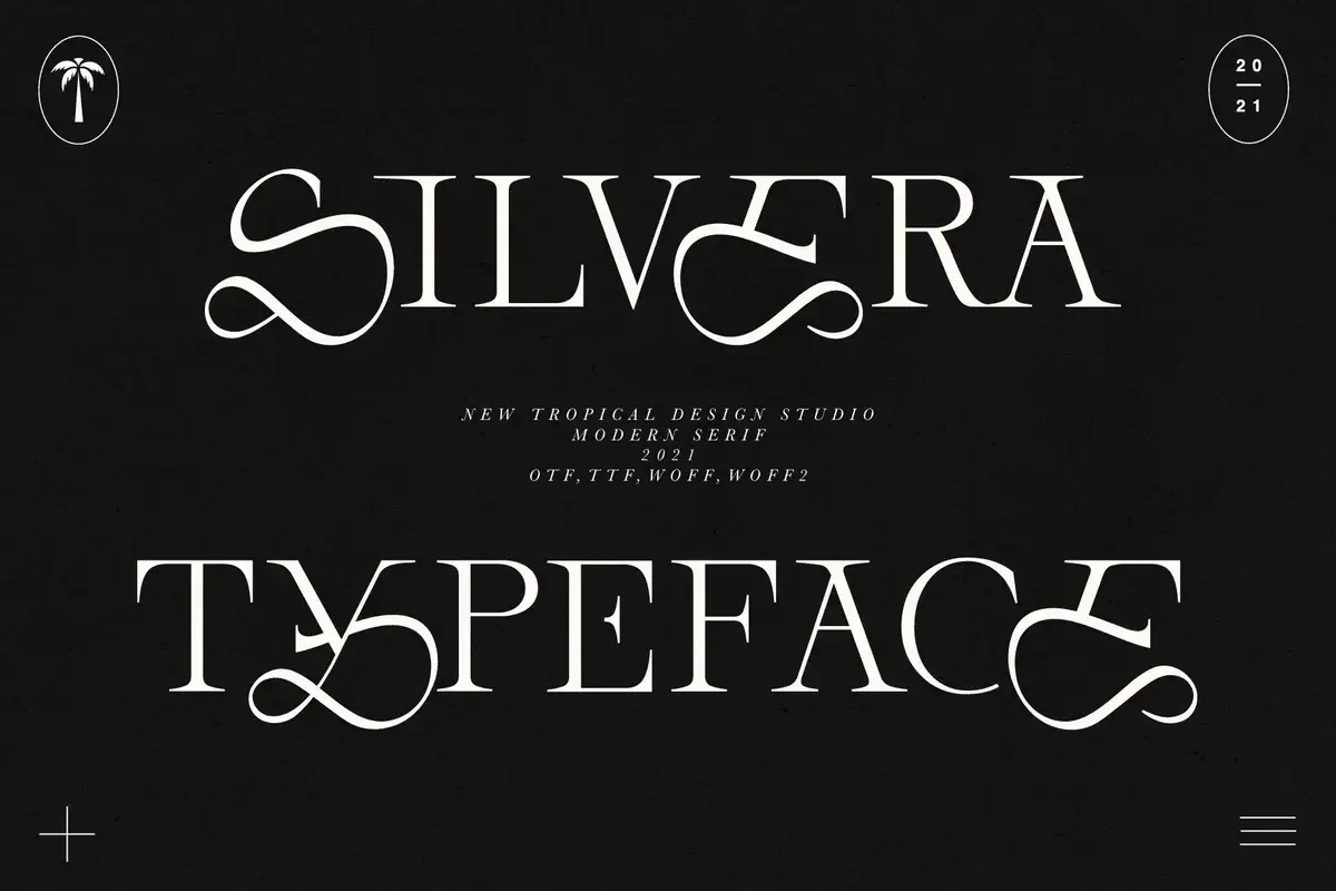 Serif typeface design featuring elegant, swirling ligatures for the word "Silvera," presented on a dark background by New Tropical Design Studio.