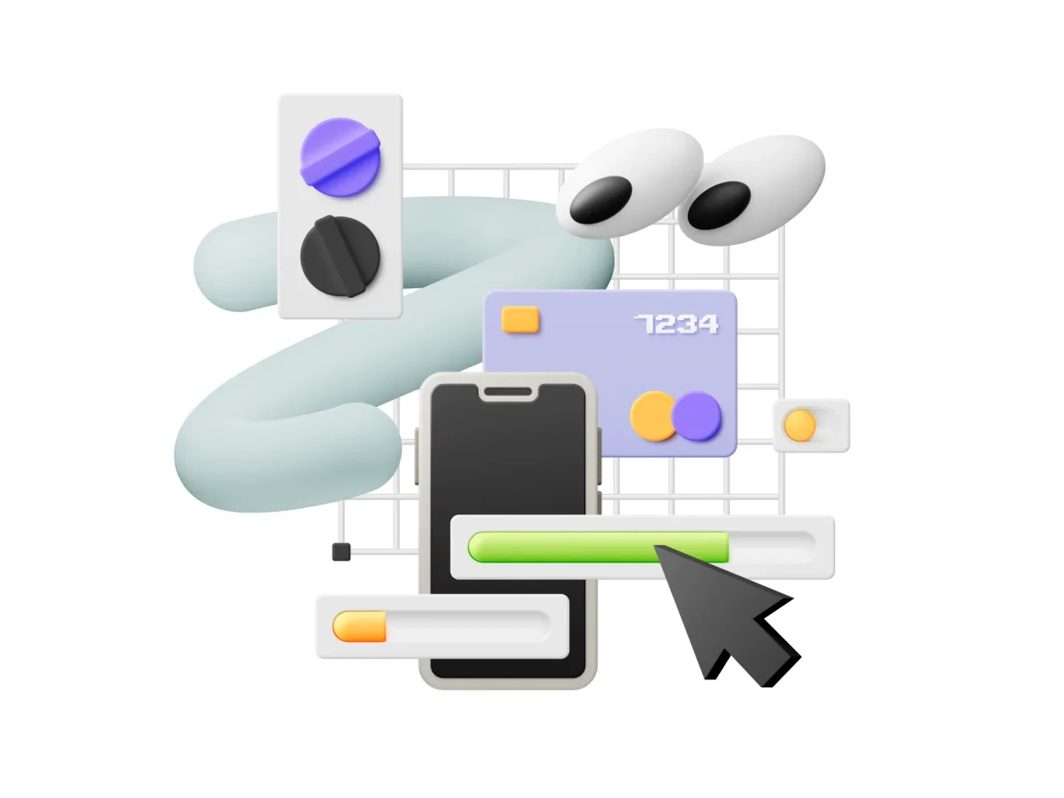 A 3D illustration showing a phone interface with sliders, dials, and a credit card along with two floating eyes.