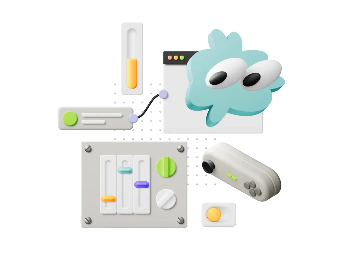 A 3D illustration of various control sliders, a joystick, and a blue cloud-shaped figure with large eyes.