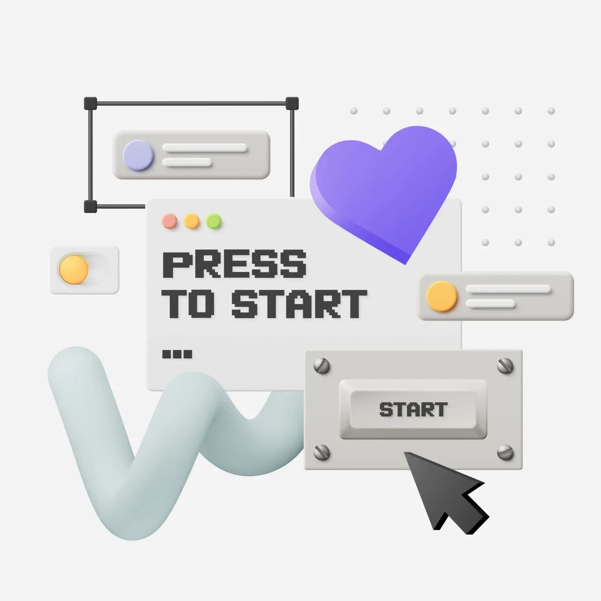 A "Press to Start" 3D illustration featuring a large start button, a heart symbol, and other UI elements like sliders and buttons.