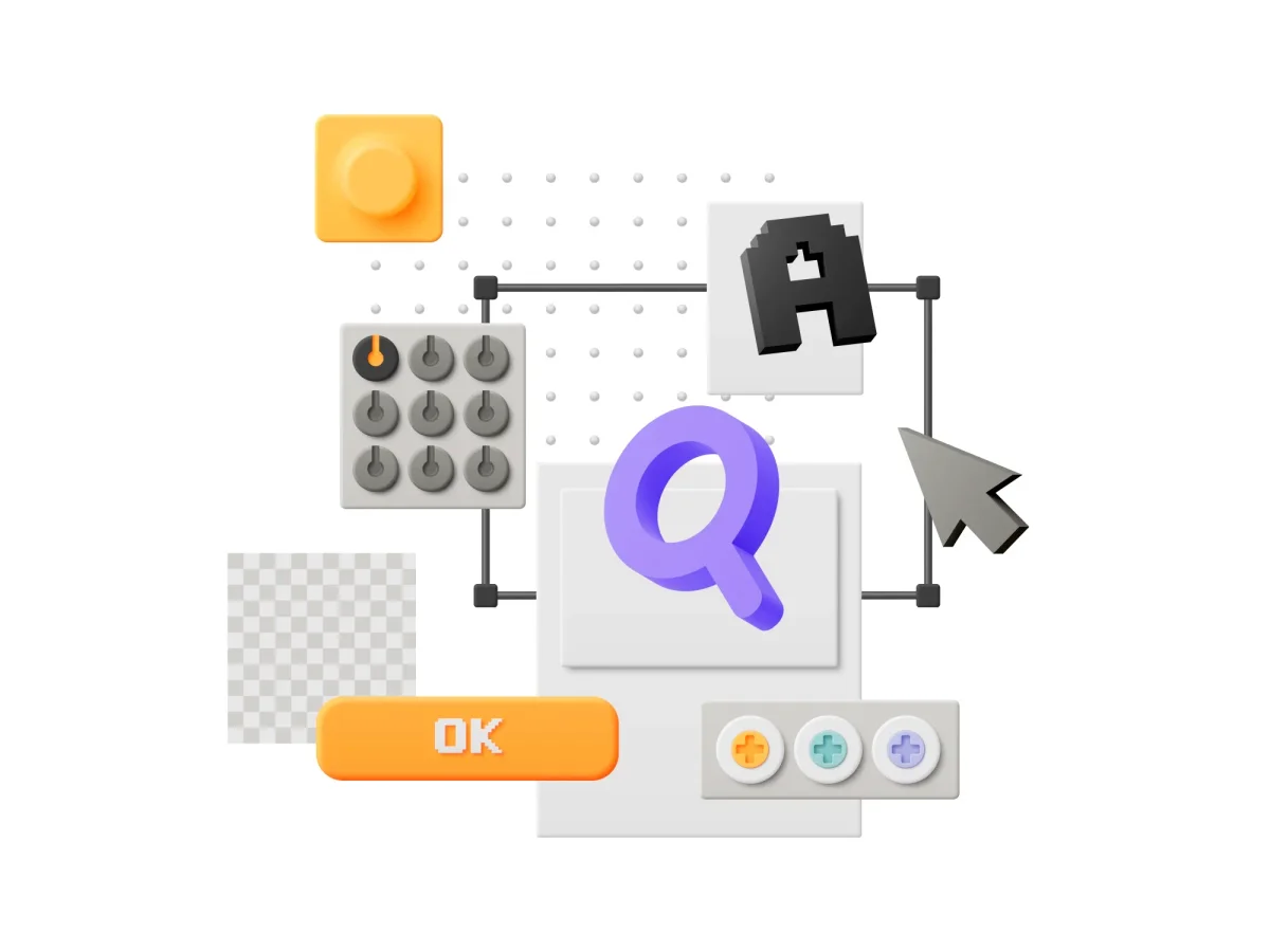 A 3D interface with a search icon, a "OK" button, a house icon, and a collection of dials and sliders.