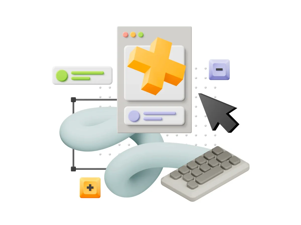 A 3D abstract interface featuring a keyboard, plus/minus buttons, a large plus sign, and a slider.