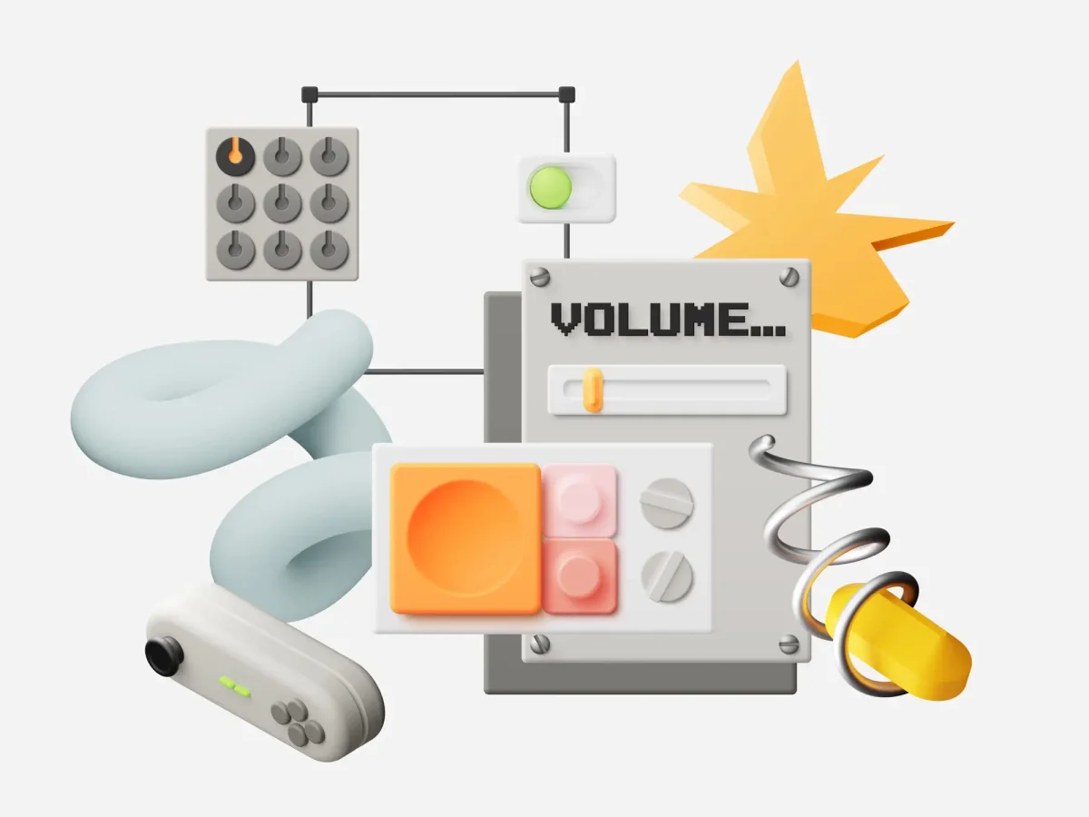 A 3D abstract illustration featuring a volume control interface with buttons, dials, a joystick, and a star-shaped element.