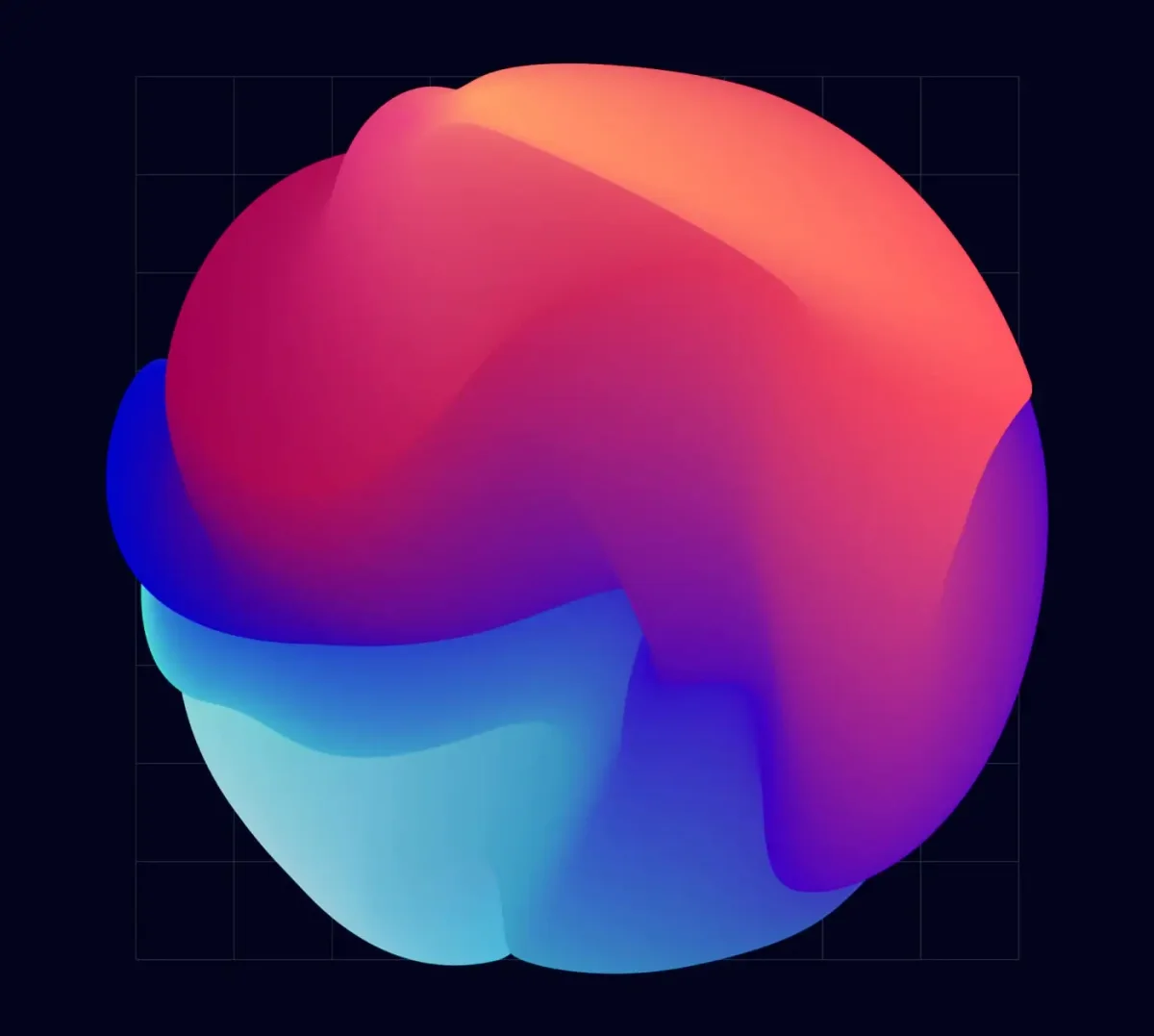 A rounded, 3D abstract shape in vibrant gradient colors of red, blue, and purple, blending together on a dark grid background.