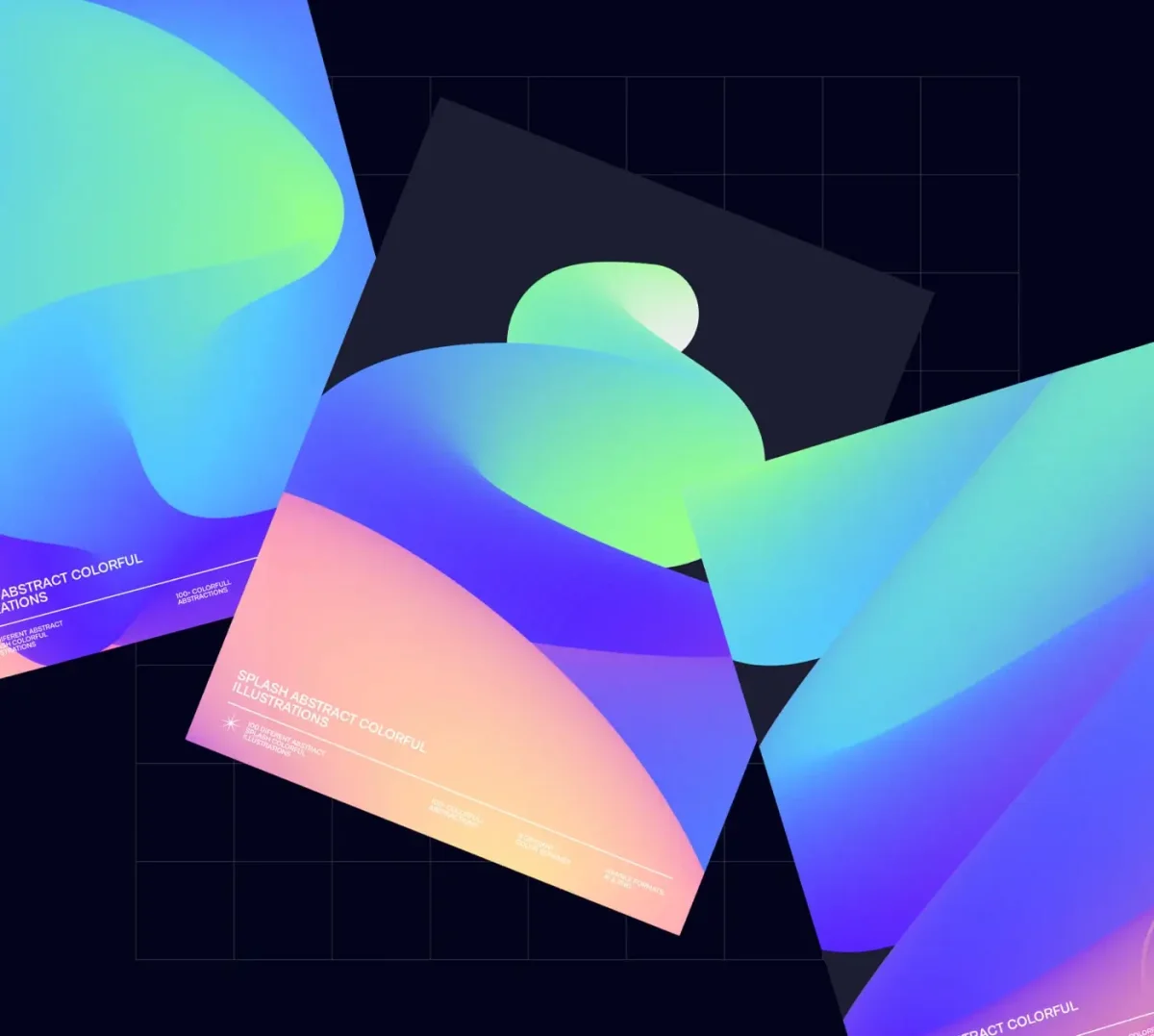 Multiple posters featuring wavy, overlapping, abstract shapes in vibrant gradient colors of green, blue, and purple, set against both light and dark backgrounds.