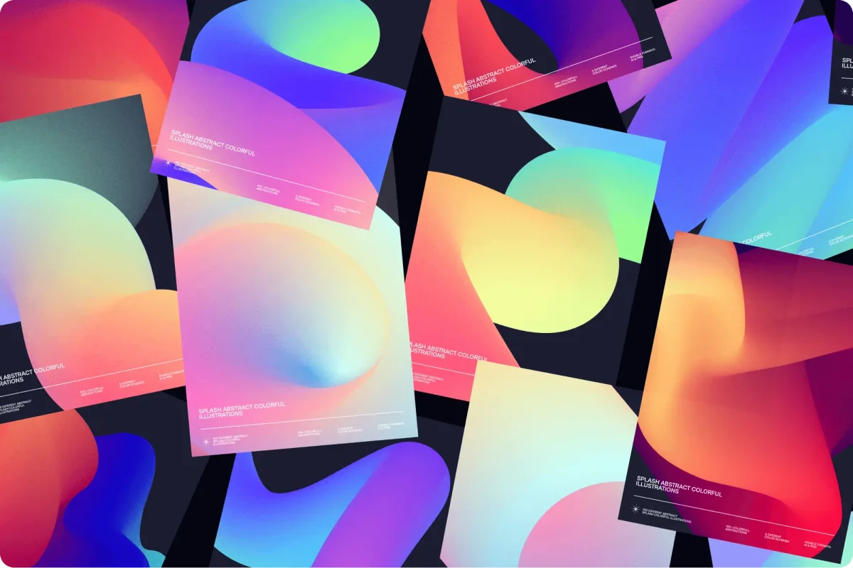 Overlapping posters featuring vibrant, gradient abstract shapes with colors transitioning from orange, pink, blue, and green.