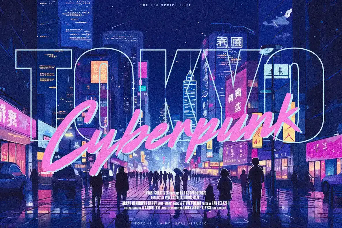 A vibrant cityscape of Tokyo at night, illuminated by colorful neon lights with the text "Tokyo Cyberpunk" in a 80's retro Torchzilla font.