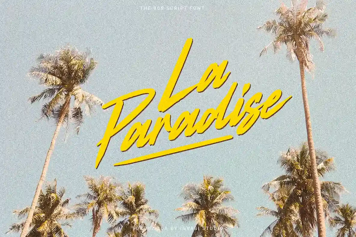 Text "La Paradise" in a 80's retro cyberpunk Torchzilla font in bright yellow over a backdrop of palm trees against a clear blue sky.