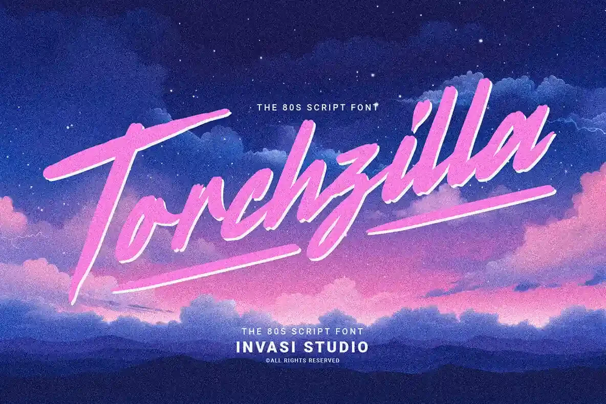 Text graphic featuring the word "Torchzilla" in a 80's retro cyberpunk font against a pink and purple background.