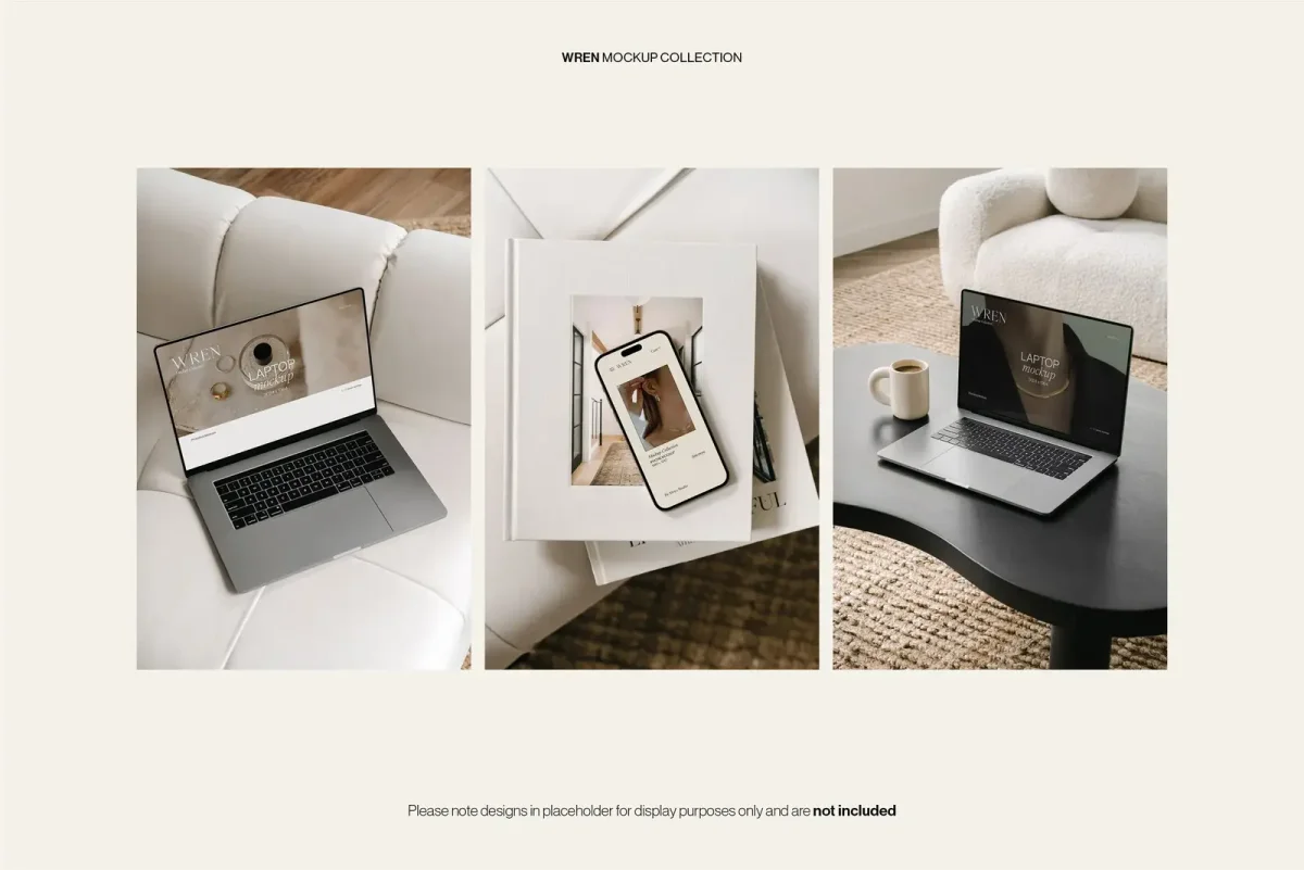 Image of three different device mockup examples in the "Wren" collection by Moyo Studio set in a minimalist home environment. Created for UX, UI, and web presentations.