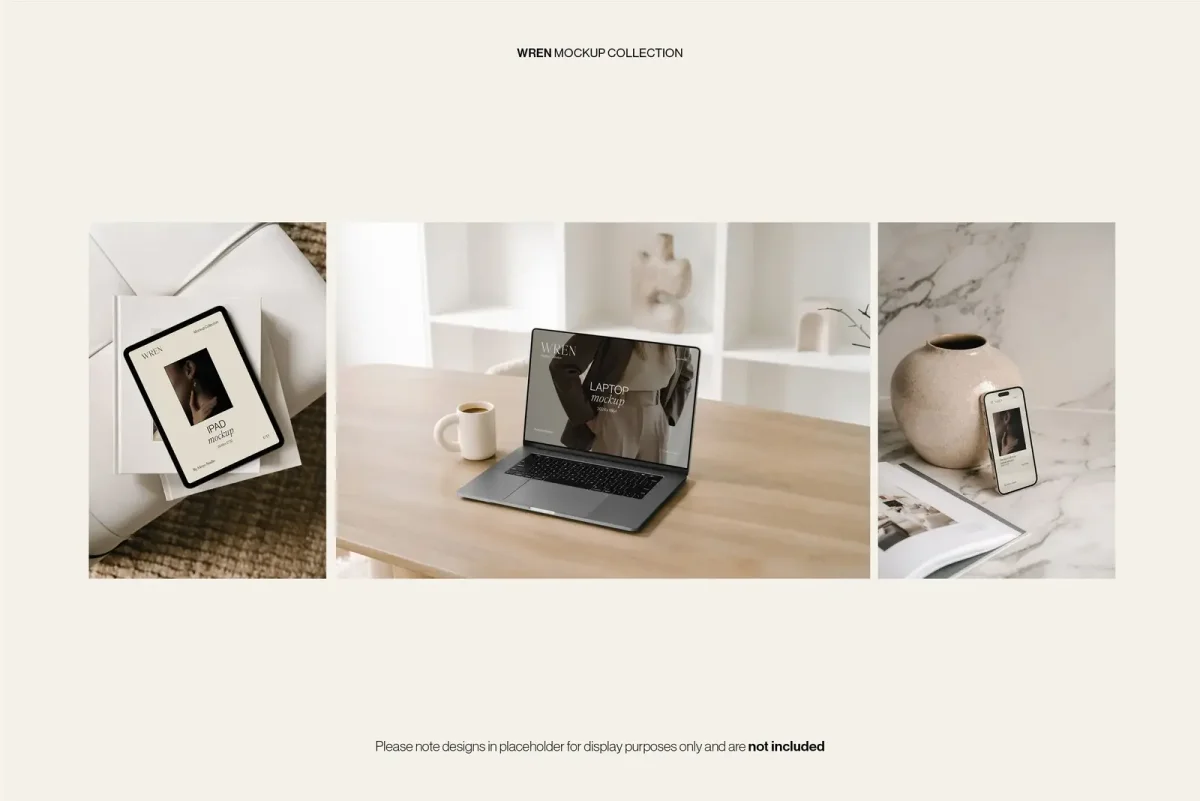 Image of three device mockup examples in different formats from the "Wren" collection by Moyo Studio set in a minimalist home environment. Created for UX, UI, and web presentations.