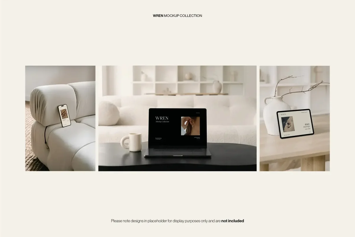 Image of three device mockup examples in different formats from the "Wren" collection set in a minimalist home environment. Created by Moyo Studio for UX, UI, and web presentations.