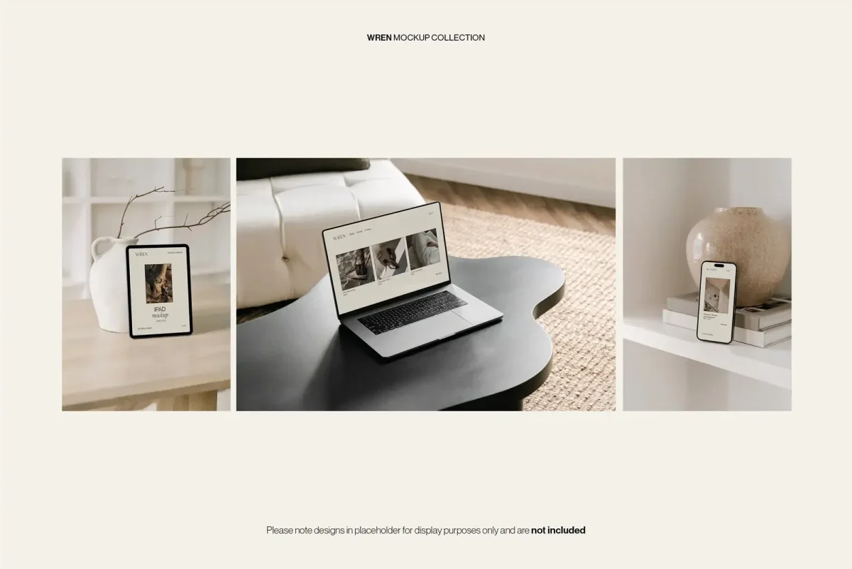 Three device mockup examples in different formats from the "Wren" collection set in a minimalist home environment. Created by Moyo Studio for UX, UI, and web designers.