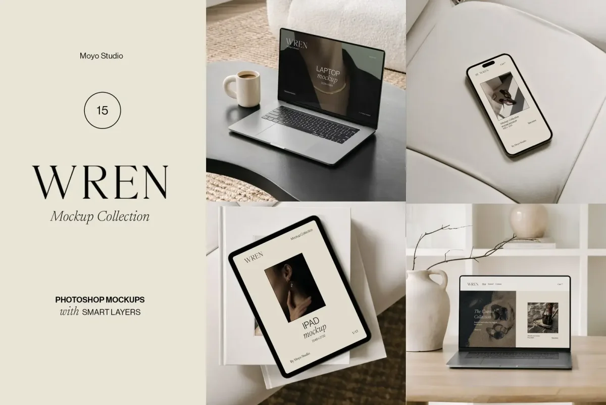 A collage showcasing the Wren Mockup Collection by Moyo Studio featuring a laptop, tablet, and smartphone set in a minimalist home office setting.